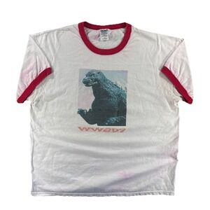 Vintage Godzilla Ringer T-Shirt Men's XL Red WWGD? Retro Movie Promo Monster
